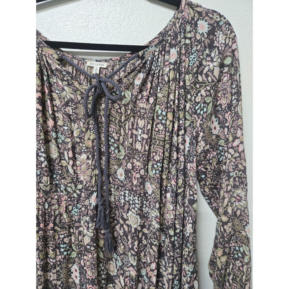 Creme Boho Floral Tunic Dress Long Sleeve Rope Tassel Tie 100% Cotton